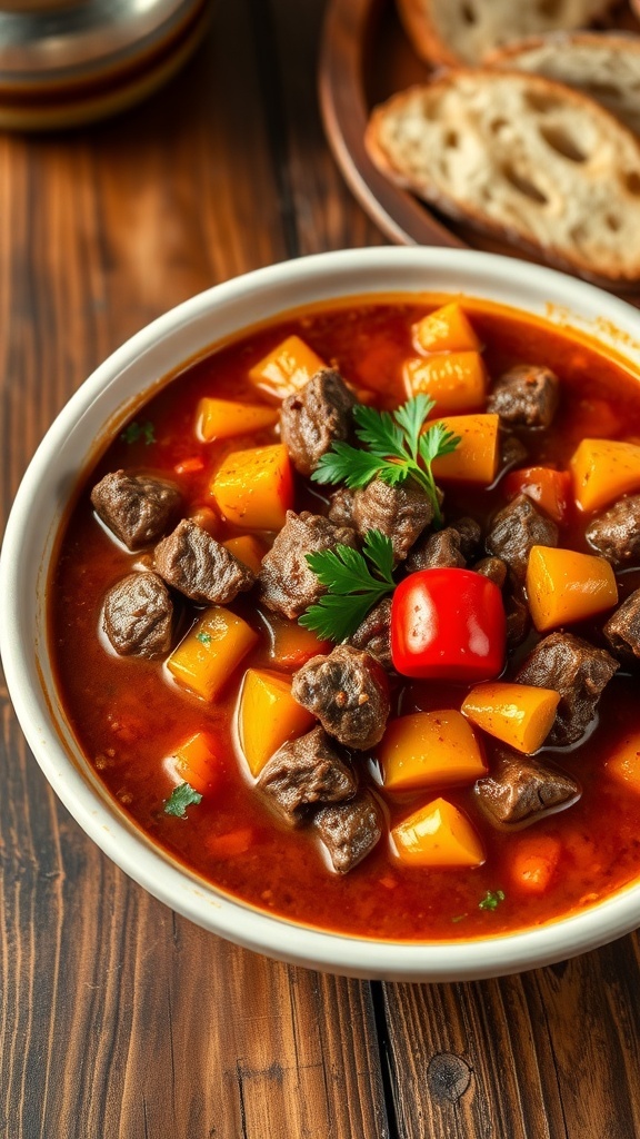 A hearty bowl of beef goulash with bell peppers and parsley, served with bread on a wooden table.